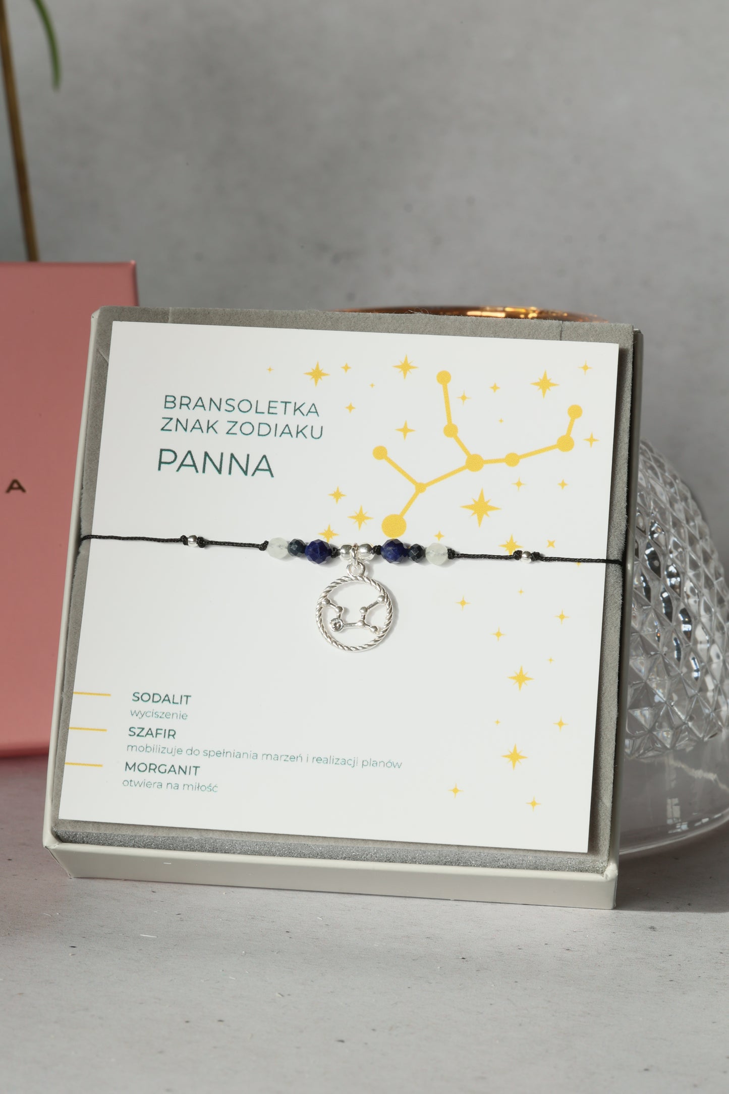 bransoletka znak zodiaku panna ze srebrną zawieszką