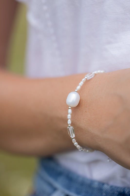Bransoletka z perłami, kryształem górskim i topazem