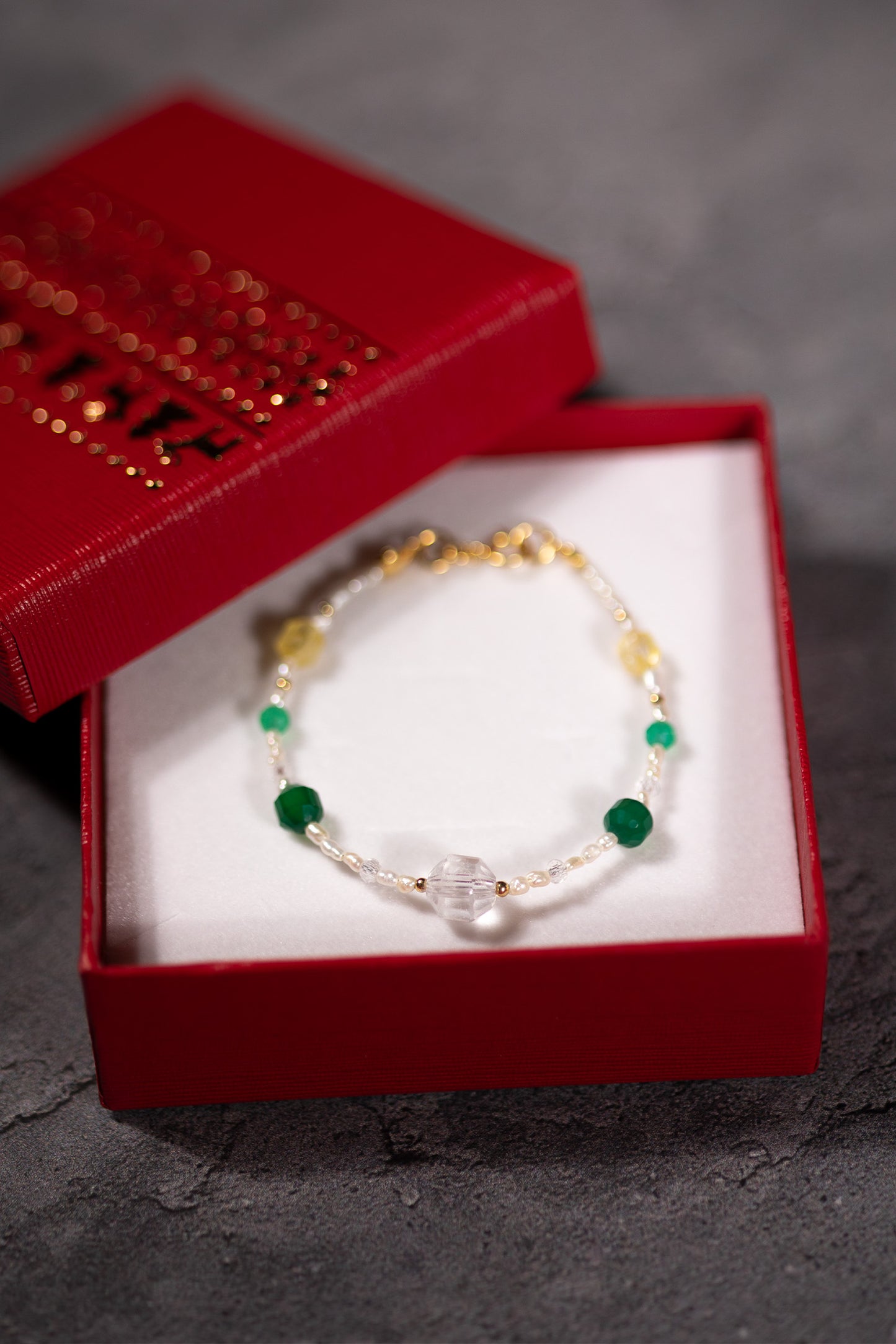 Bransoletka z agatem zielonym, cytrynem, kryształem górskim i perłami