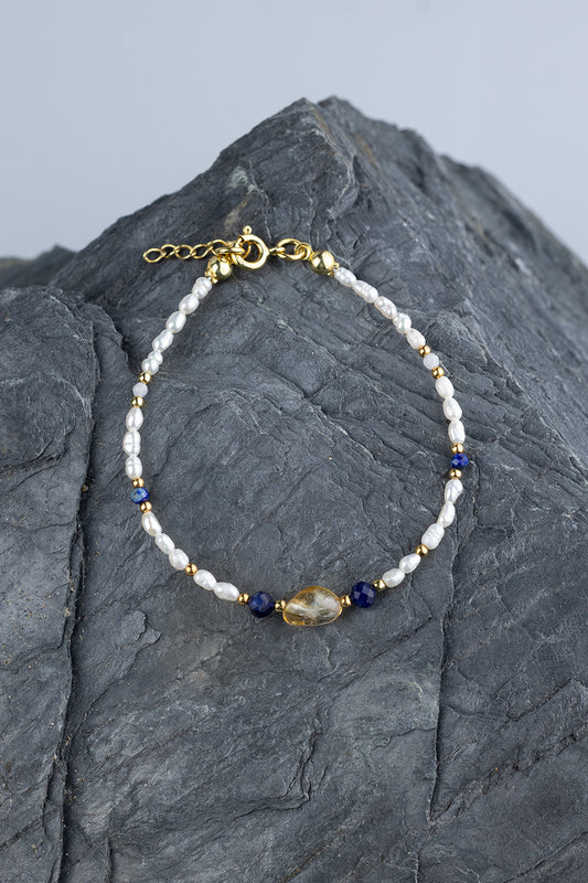 Bransoletka z cytrynem, sodalitem, lapis lazuli, kamieniem księżycowym i perłami