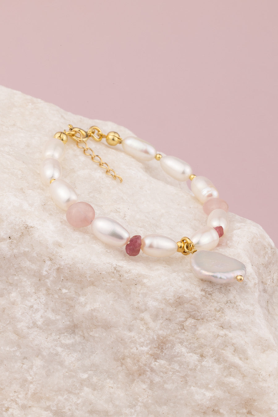 Bransoletka z perłami, kwarcem różowym i turmalinem